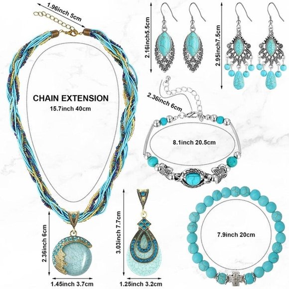 New 16 Pieces Bohemian Turquoise Set Vintage Bohemian Turquoise Pendant … - Picture 4 of 6